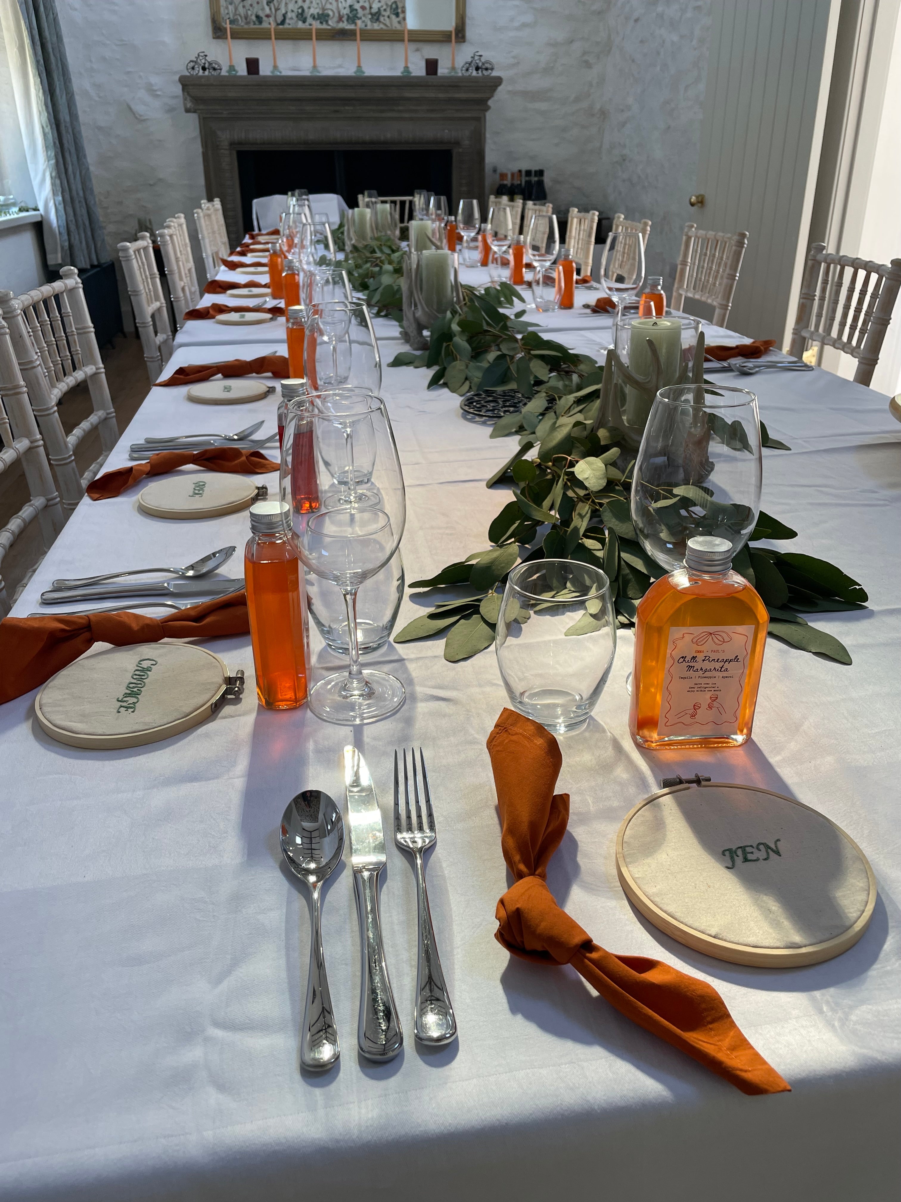 A table set in daylight for a wedding weekend at a Highland lodge in Scotland